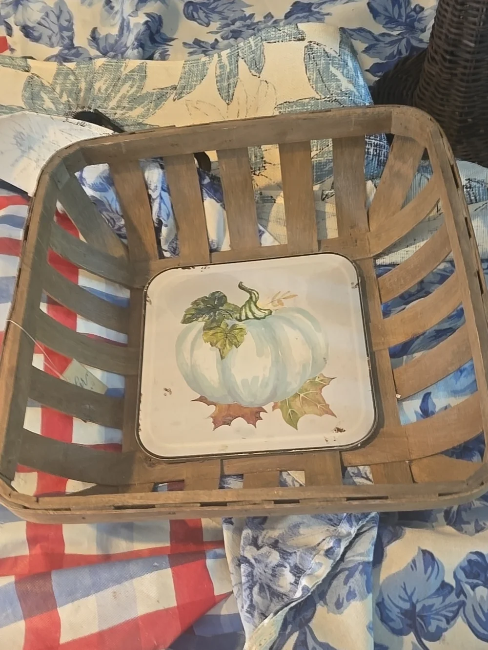 New Wooden Slatted Farmhouse Basket with Blue Pumpkin